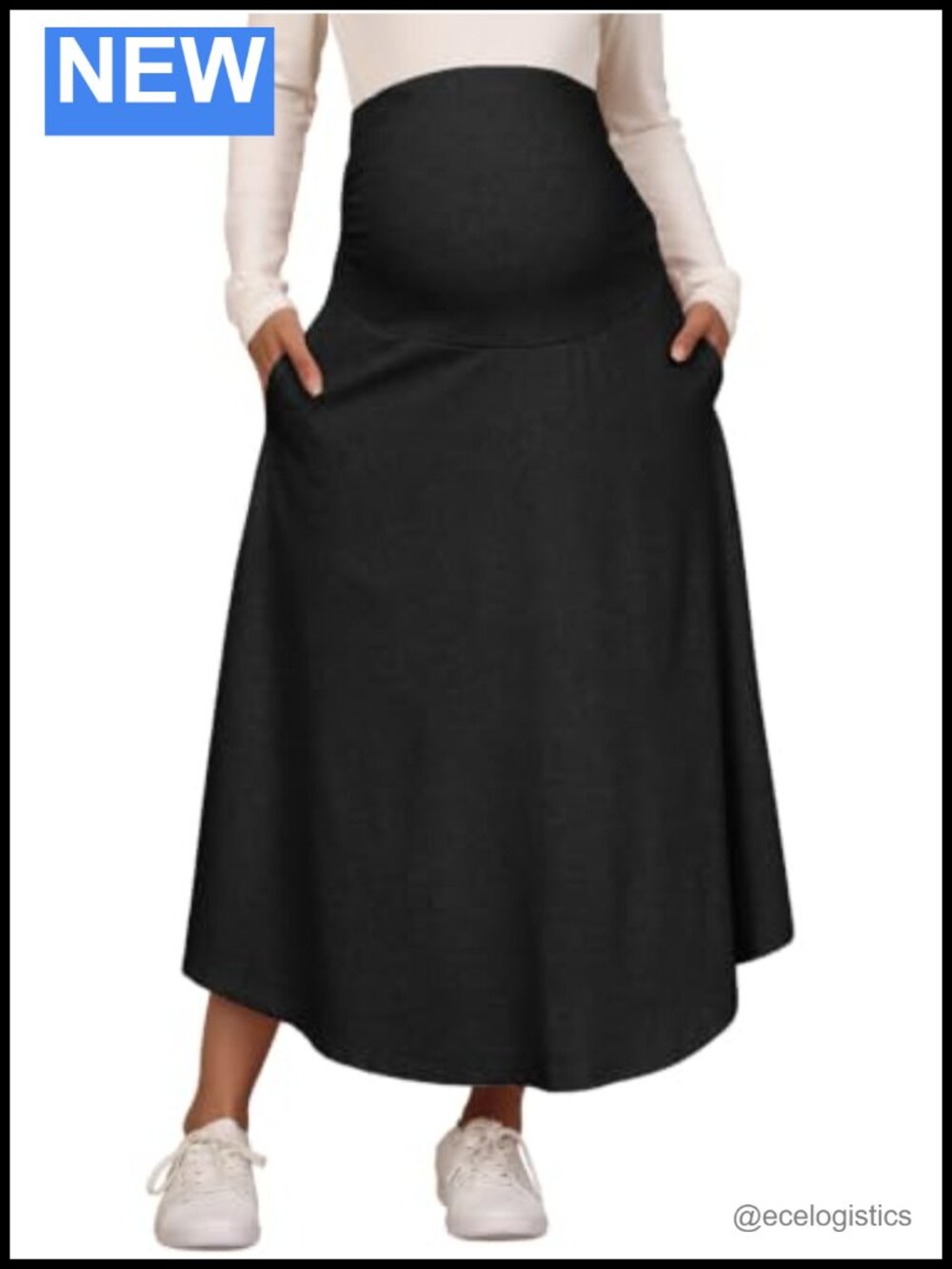 Women Maternity Maxi Skirt w/ Pockets Over Belly A-Line